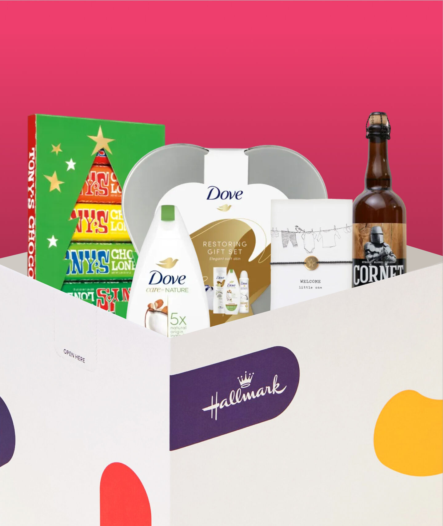 kerstcadeau box van Hallmark met alle verschillende cadeaus erin.
