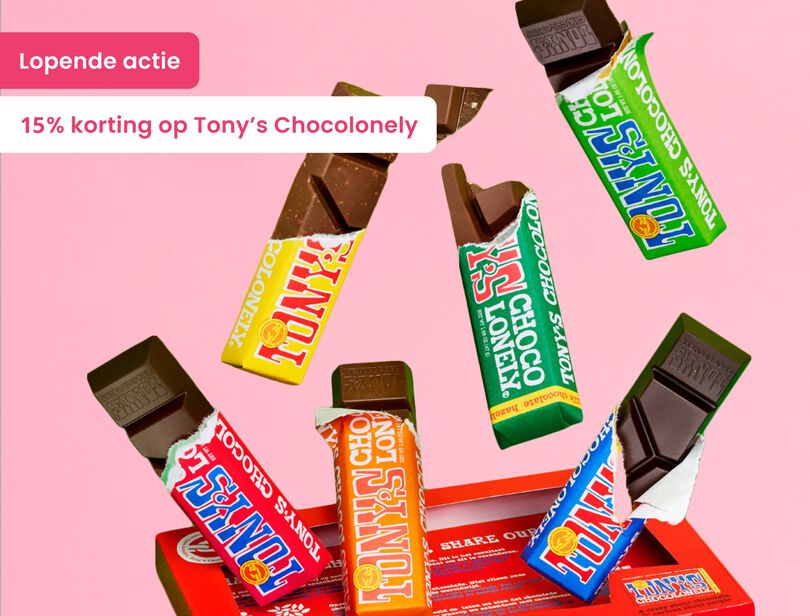 Lopende actie 15% korting op tony's chocolonely met allemaal vallende chocolade repen