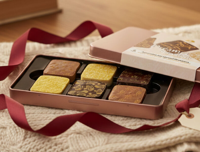 Doosje van Australian Homemade chocolade met verschillende gele, bruine en zwarte chocolade pralines