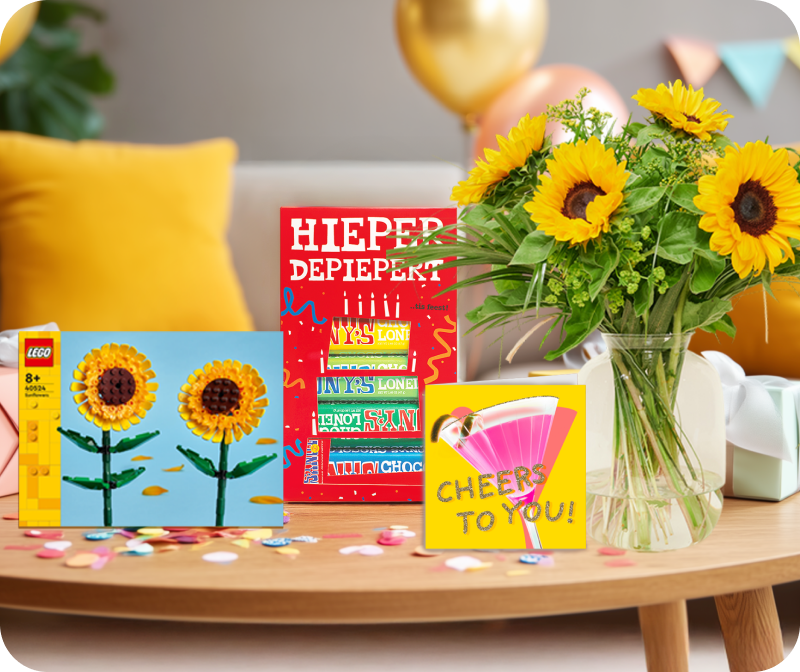 Verschillende cadeaus waaronder LEGO en bloemen