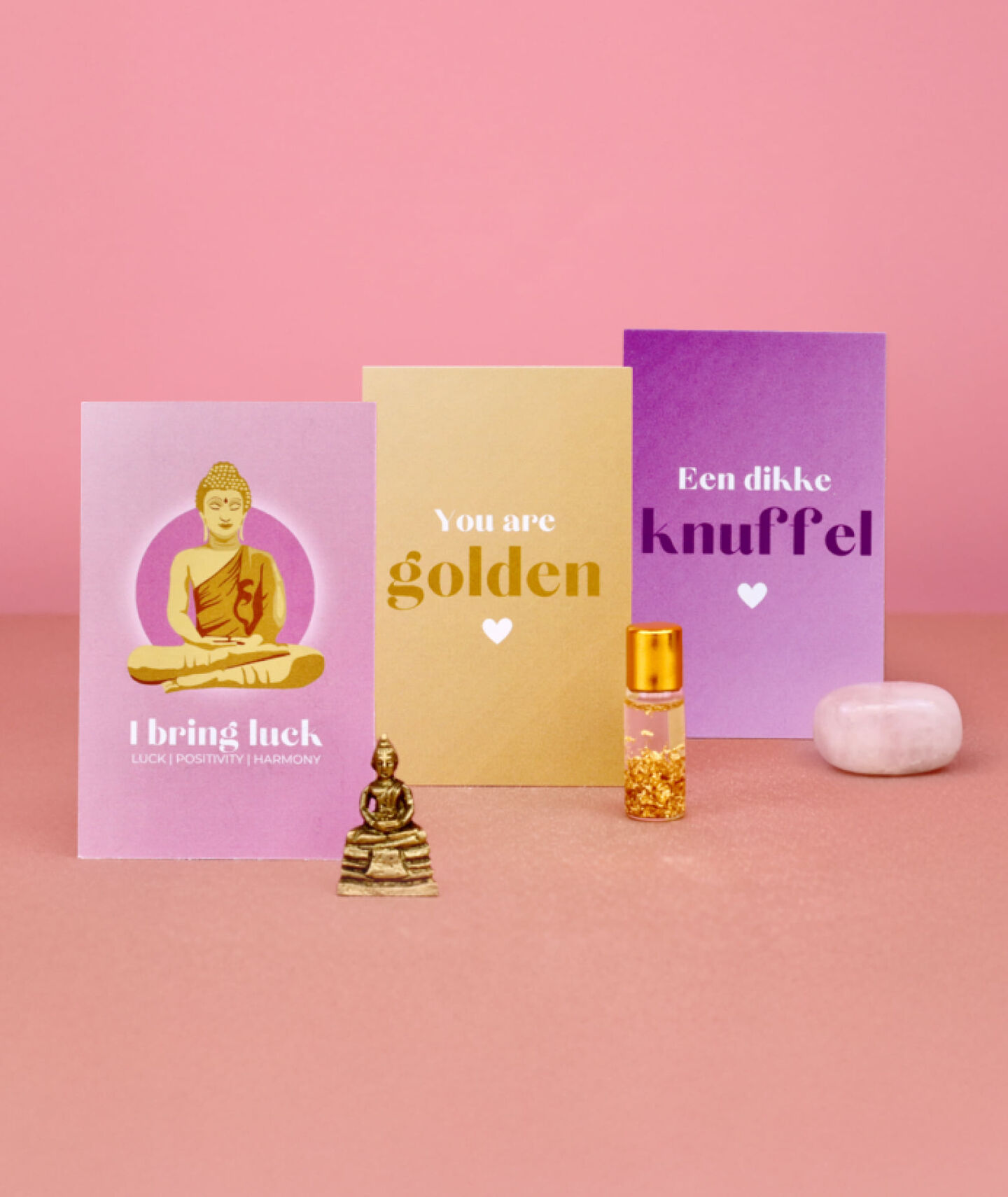 kaarten met bemoediginde boodschapen en lucky charm beeldjes