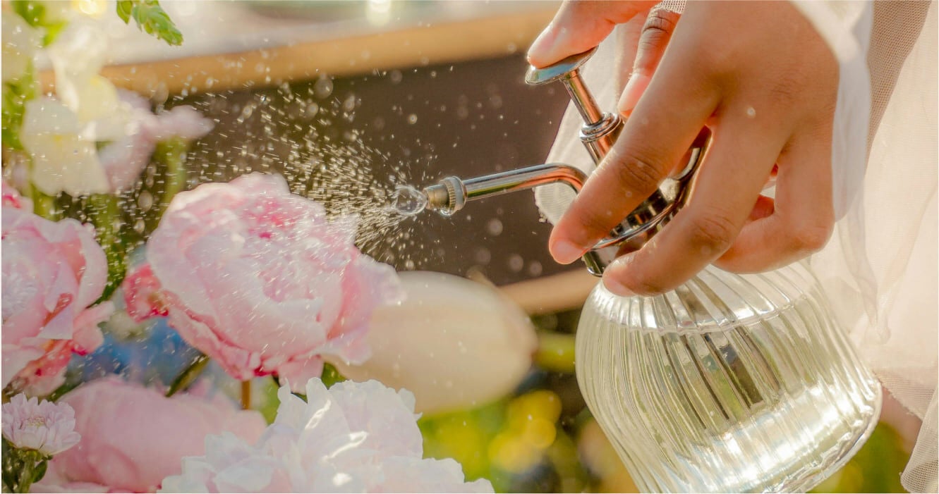Roze bloemen worden verzorgd en besproeit met water uit een glazen plantensproeier