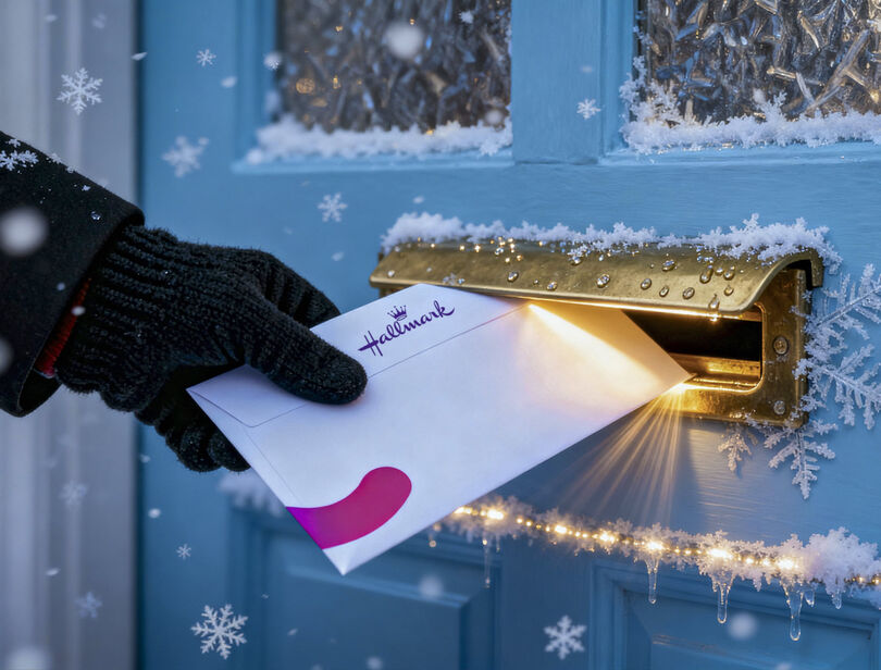 Een Hallmark envelop wordt in een gouden brievenbus deur gestoken