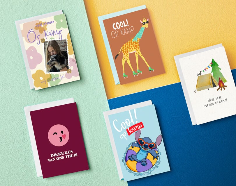 Vijf verschillende kaartjes voor op kamp