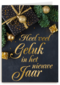 nieuwjaarskaart met gouden tekst en cadeaus