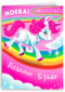 hoera een eenhoorn op een regenboog