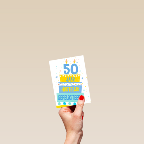 Verjaardagskaart leeftijden 50 jaar taart