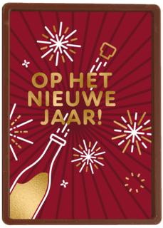 nieuwjaarskaart met fles die plopt en vuurwerk