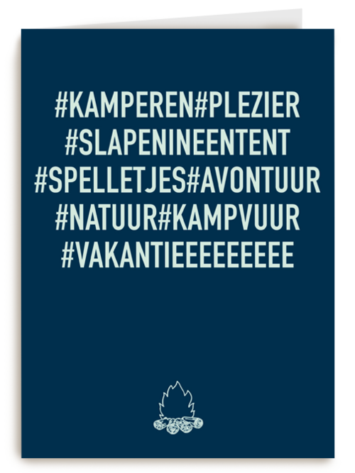 op kamp kaart met hashtag kamperen hashtag plezier