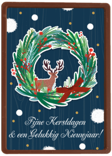 Blauwe kerstkaart kerstkrans rendier