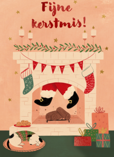 kerstkaart met kerstman in schoorsteen