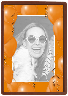 fotokaart staand met oranje ballonnen