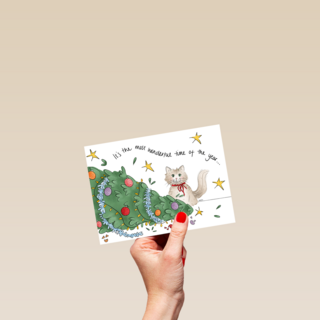 Kerstkaart grappig Kat met omgevallen kerstboom