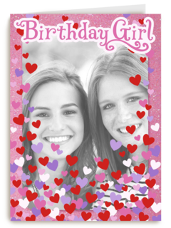 fotokaart birthday girl roze met hartjes