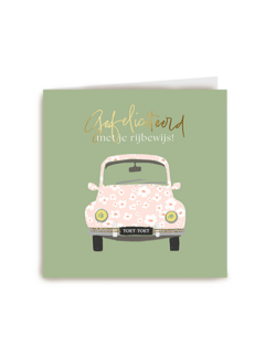 Rijbewijs gefeliciteerd auto met bloemen kaart