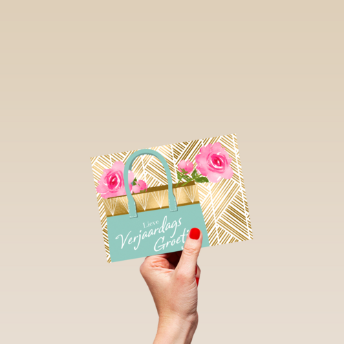 verjaardag kaart stijlvol tasje met bloemen