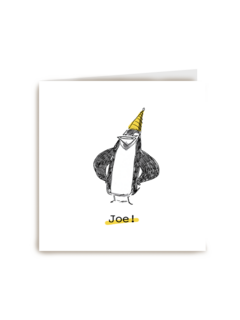 pinguin met feesthoed zegt joe
