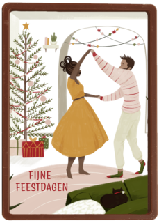 Kerstkaart dansen bij de kerstboom