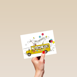 Snoopy verjaardagskaart schoolbus