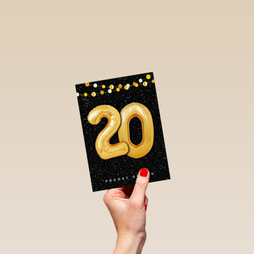 Verjaardagskaart leeftijden 20 ballonletters
