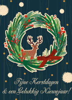 Blauwe kerstkaart kerstkrans rendier