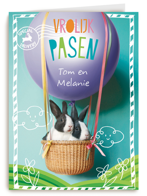 vrolijk pasen kaart met luchtballon en 2 konijnen