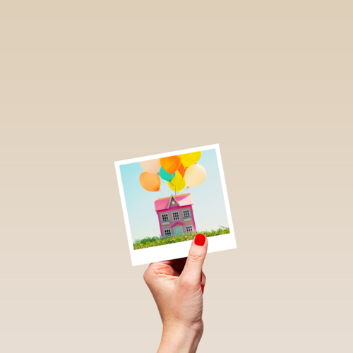 Verhuiskaart Vrolijk huis met ballonnen Polaroid