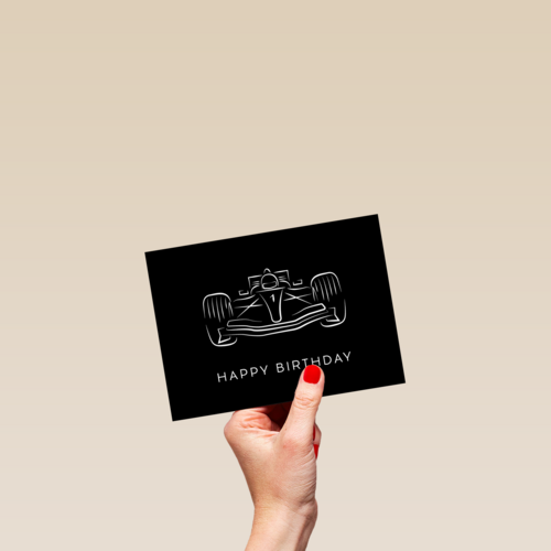 Verjaardagskaart raceauto met nr 1