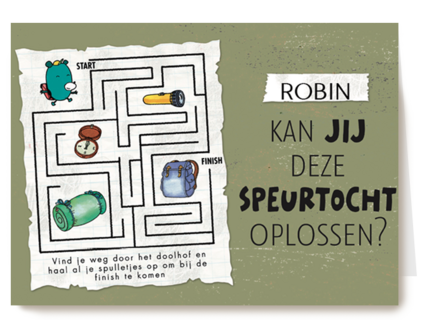op kamp kaart met de tekst kan jij deze speurtocht oplossen
