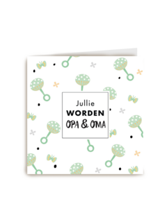 kaart voor opa en oma met groene rammelaar en kleine vlinders