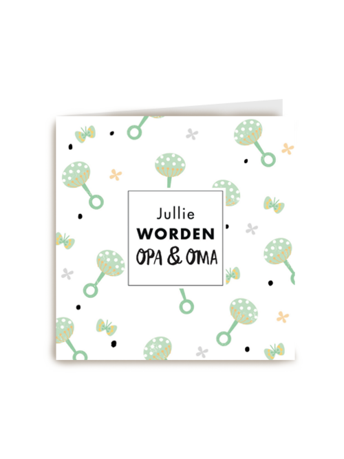 kaart voor opa en oma met groene rammelaar en kleine vlinders