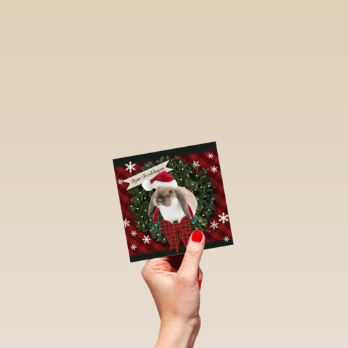 Kerstkaart konijn kerstmuts