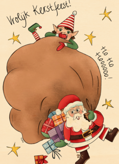 kerstkaart vrolijk kerstman en elfje matia heesakkers