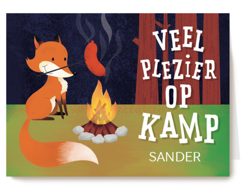 op kamp kaart met een vos die je veel plezier wenst