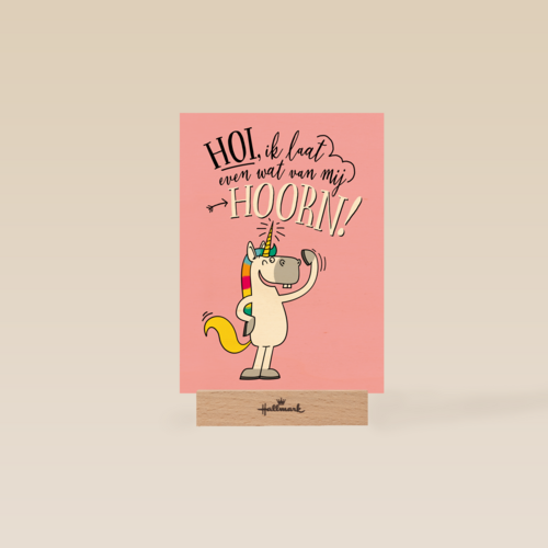 verjaardagskaart unicorn hoi ik laat even wat van mij hoorn