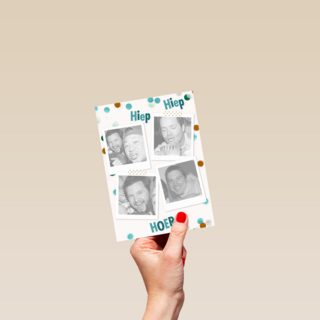 fotokaart staand hiep hiep hoera polaroid