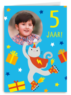 Feestende kat 5 jaar fotokaart