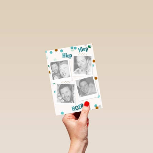 fotokaart staand hiep hiep hoera polaroid