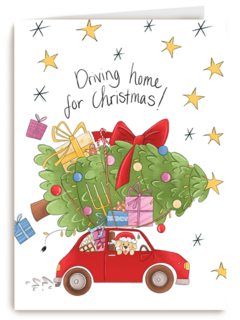 Kerstkaart matia studio kerstboom op auto