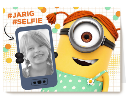 minion kaart meisje hashtag jarig hashtag selfie