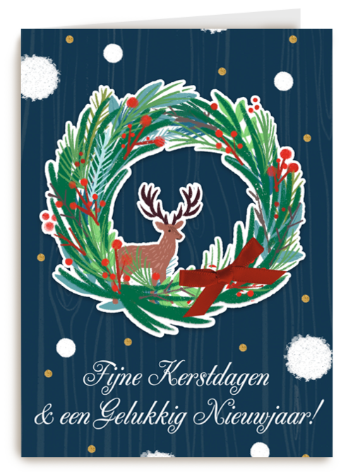 Blauwe kerstkaart kerstkrans rendier