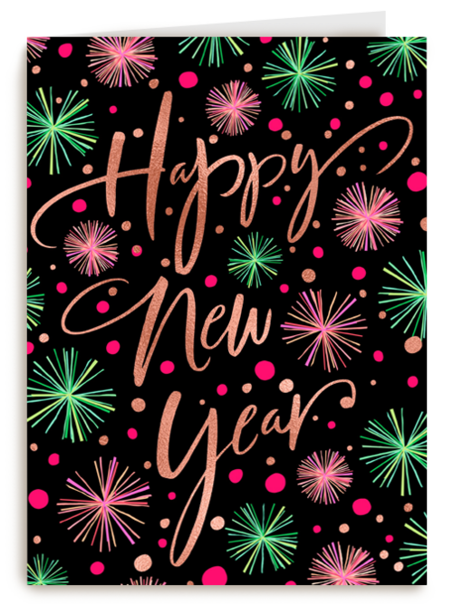 nieuwjaarskaart klassiek getekend vuurwerk happy new year