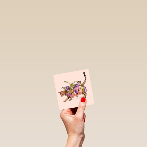 Verjaardagskaart vrouw grappig poes met bloemen