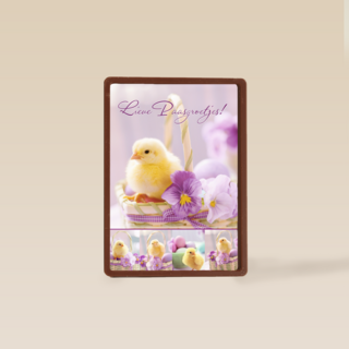 Kuiken in mandje met viooltje lieve paasgroetjes