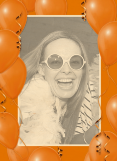 fotokaart staand met oranje ballonnen