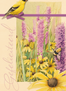 gele vogel met paarse bloemen