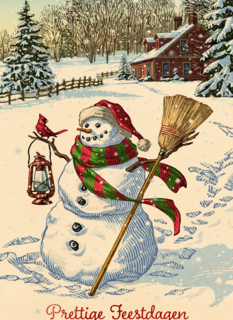 Kerstkaart sneeuwpop in sneeuw prettige feestdagen