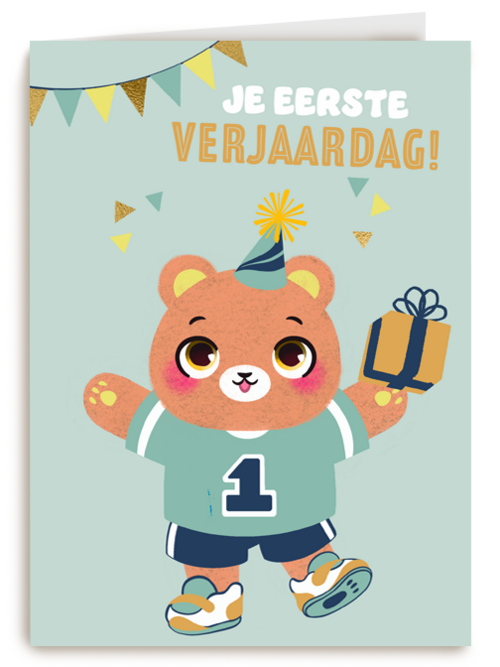 een beer met kado voor je eerste verjaardag