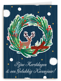 Blauwe kerstkaart kerstkrans rendier