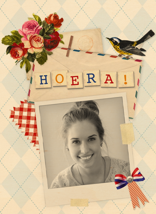 Hoera met een vogel en een vlag